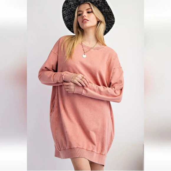 New Easel Mineral Washed Cotton Knit Long Sleeve Pullover Dress - Picture 3 of 6